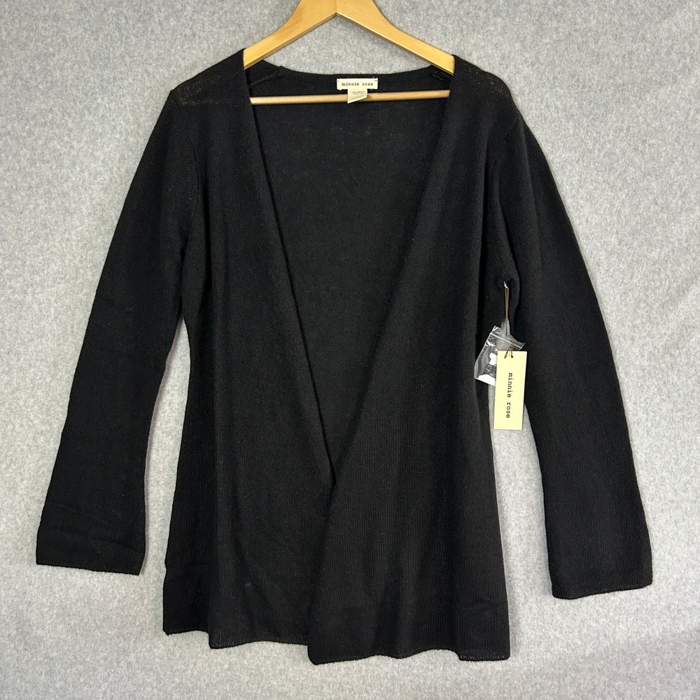 Minnie Rose Large Cardigan Sweater Black 100% Cashmere Open Front Minimalist NEW